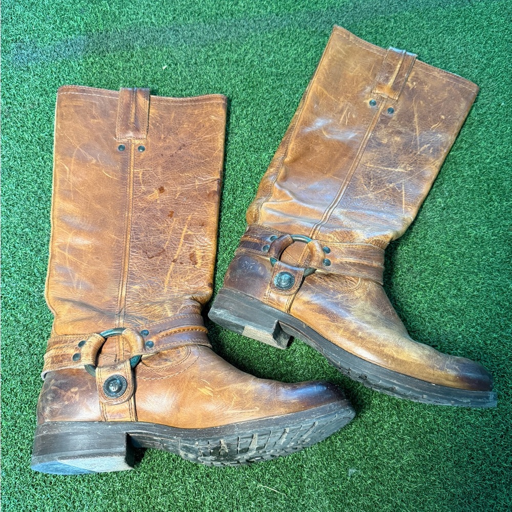 Frye Tan Leather Harness Mid-Calf Moto Boots